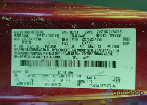 2014 Ford Escape Se from USA, damaged, VIN 1FMCU9GX0EUC43389